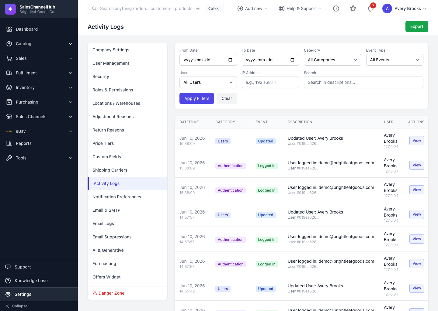 The green Export button on the Activity Logs page
