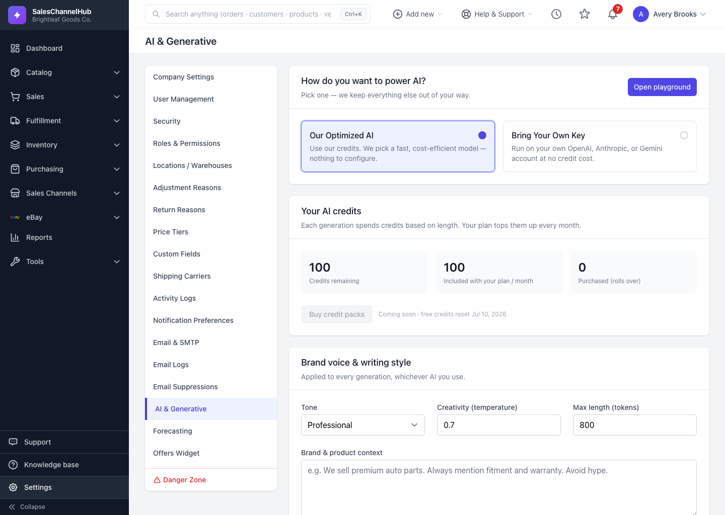 The AI & Generative settings page