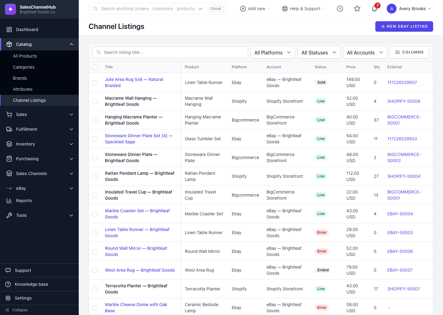 The Channel Listings page showing listings from several platforms