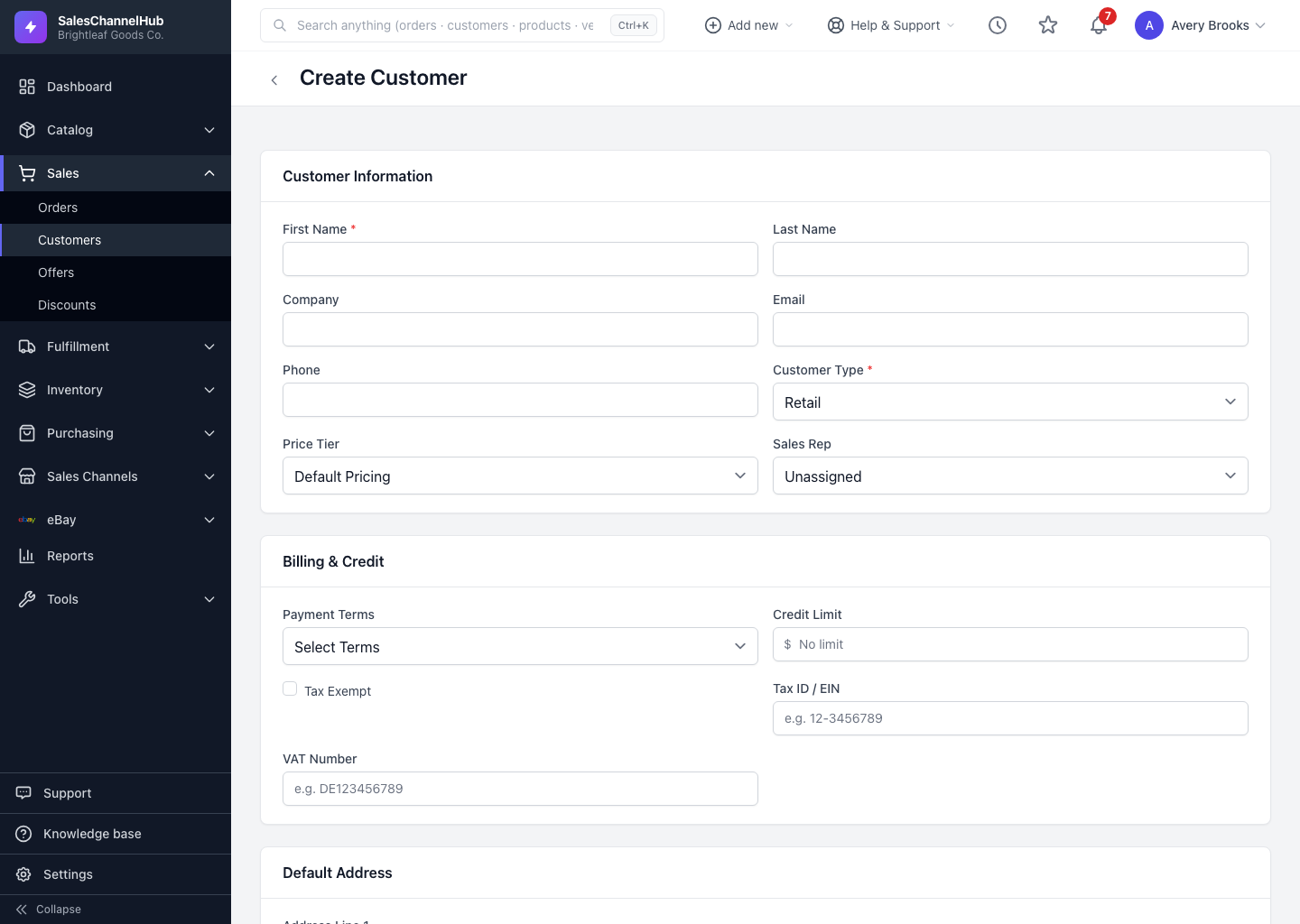 Choosing a customer type on the create form
