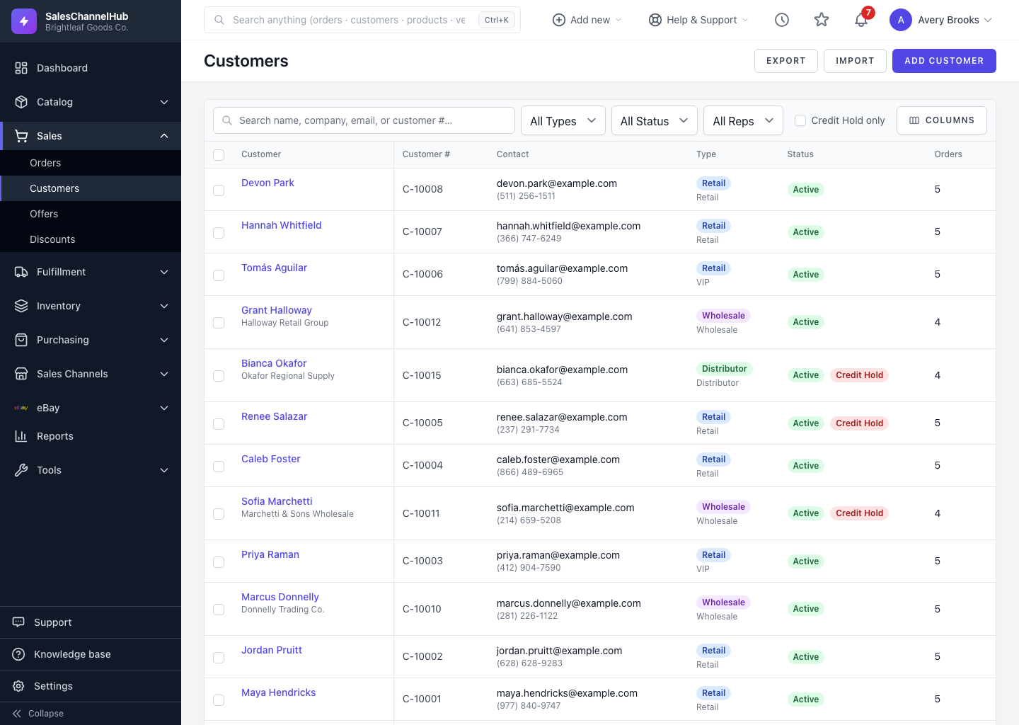 The customer list showing type, status and order counts