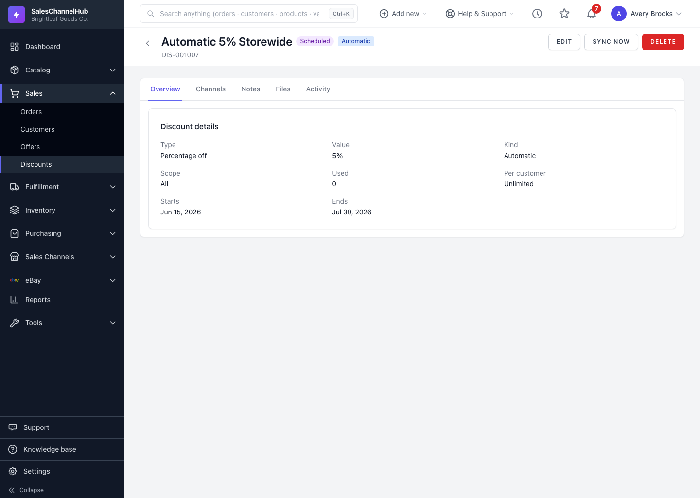 The discount detail page with the Sync now button