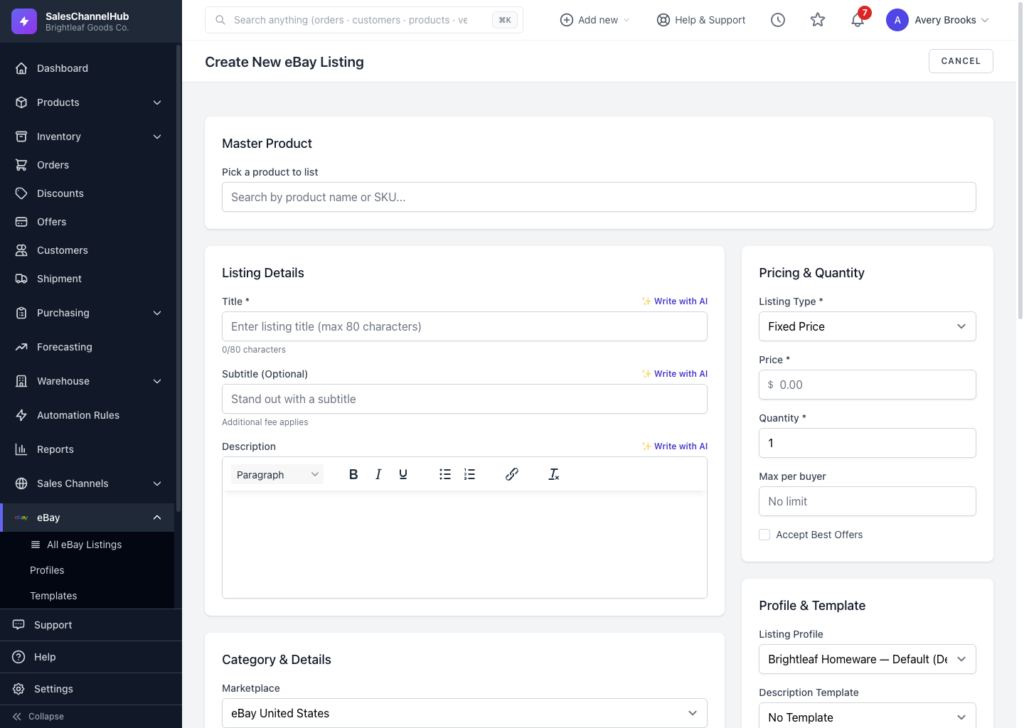 The create eBay listing form