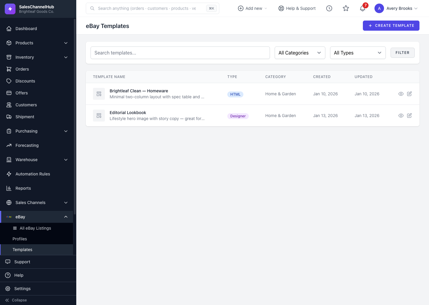 The eBay templates list and create dialog