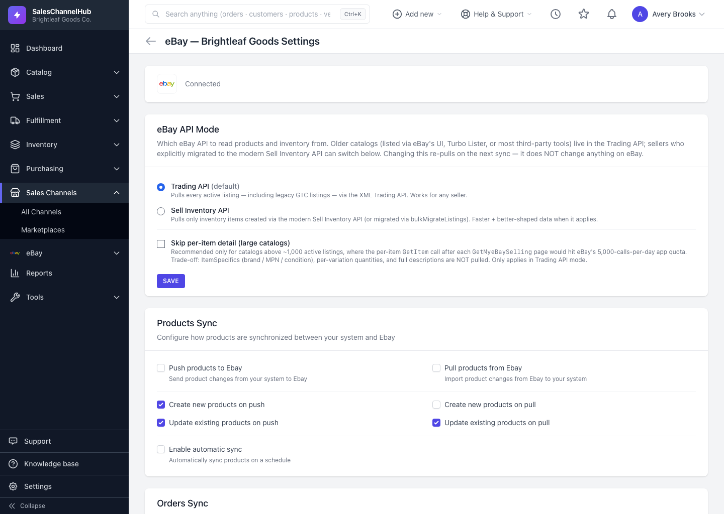 The connection settings page with sync options and manual sync buttons
