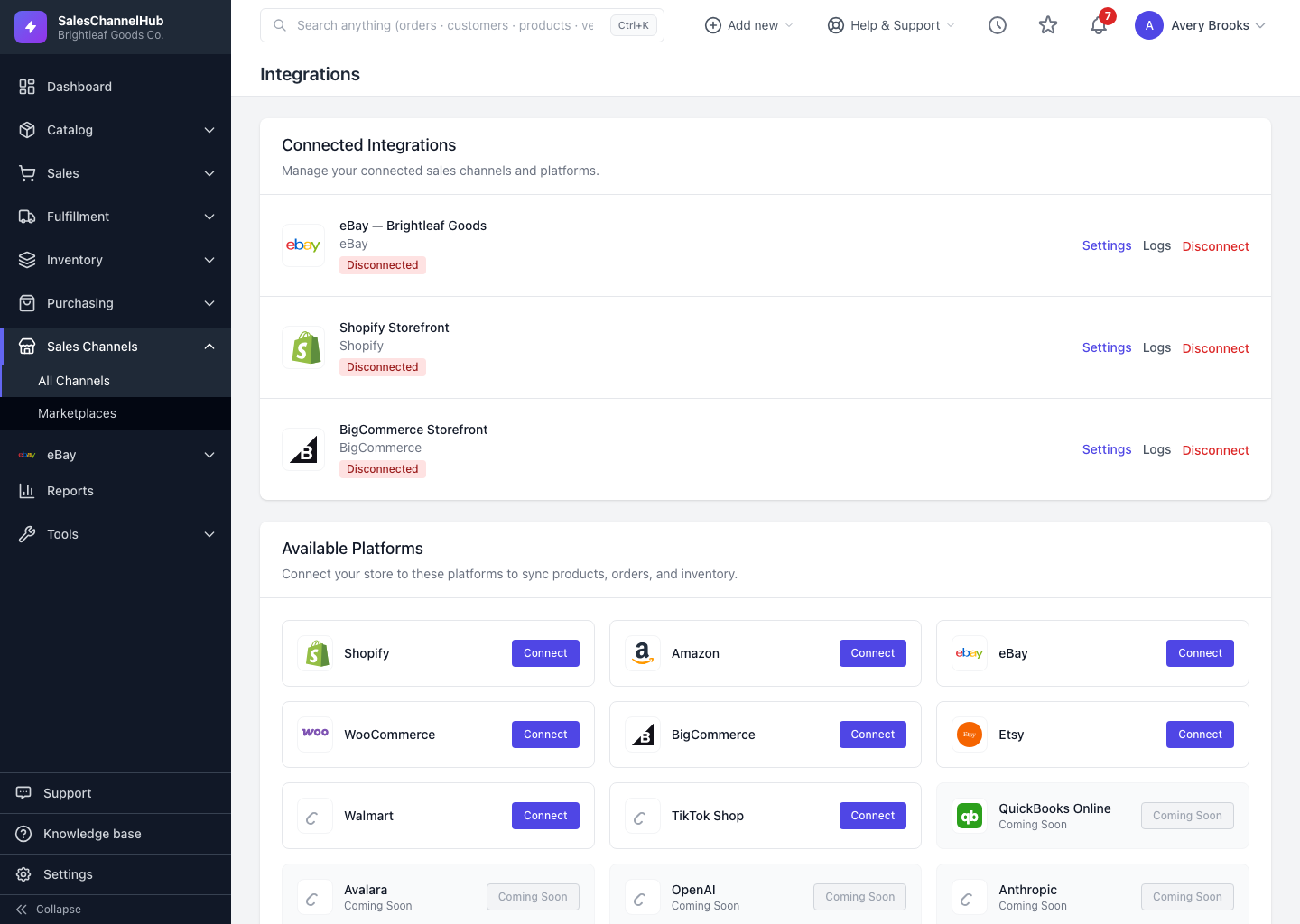 The integrations page showing connected and available platforms