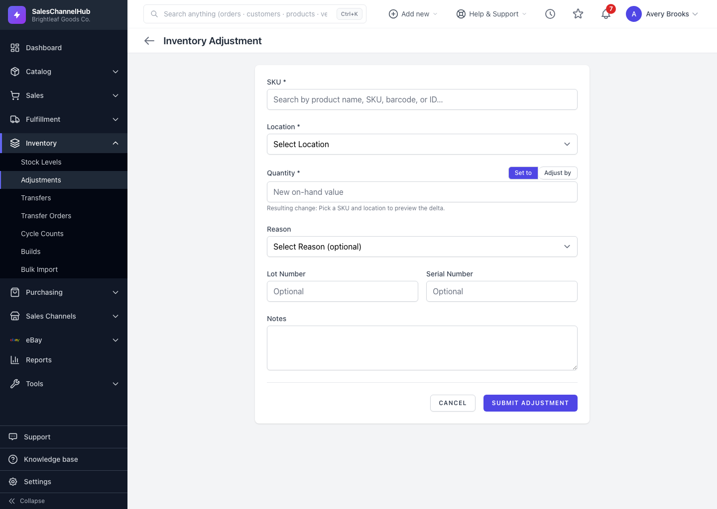The Set to and Adjust by toggle on the quantity field