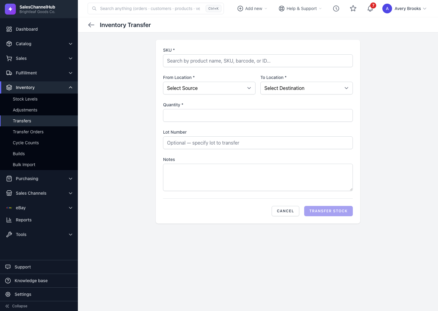 The Inventory Transfer form