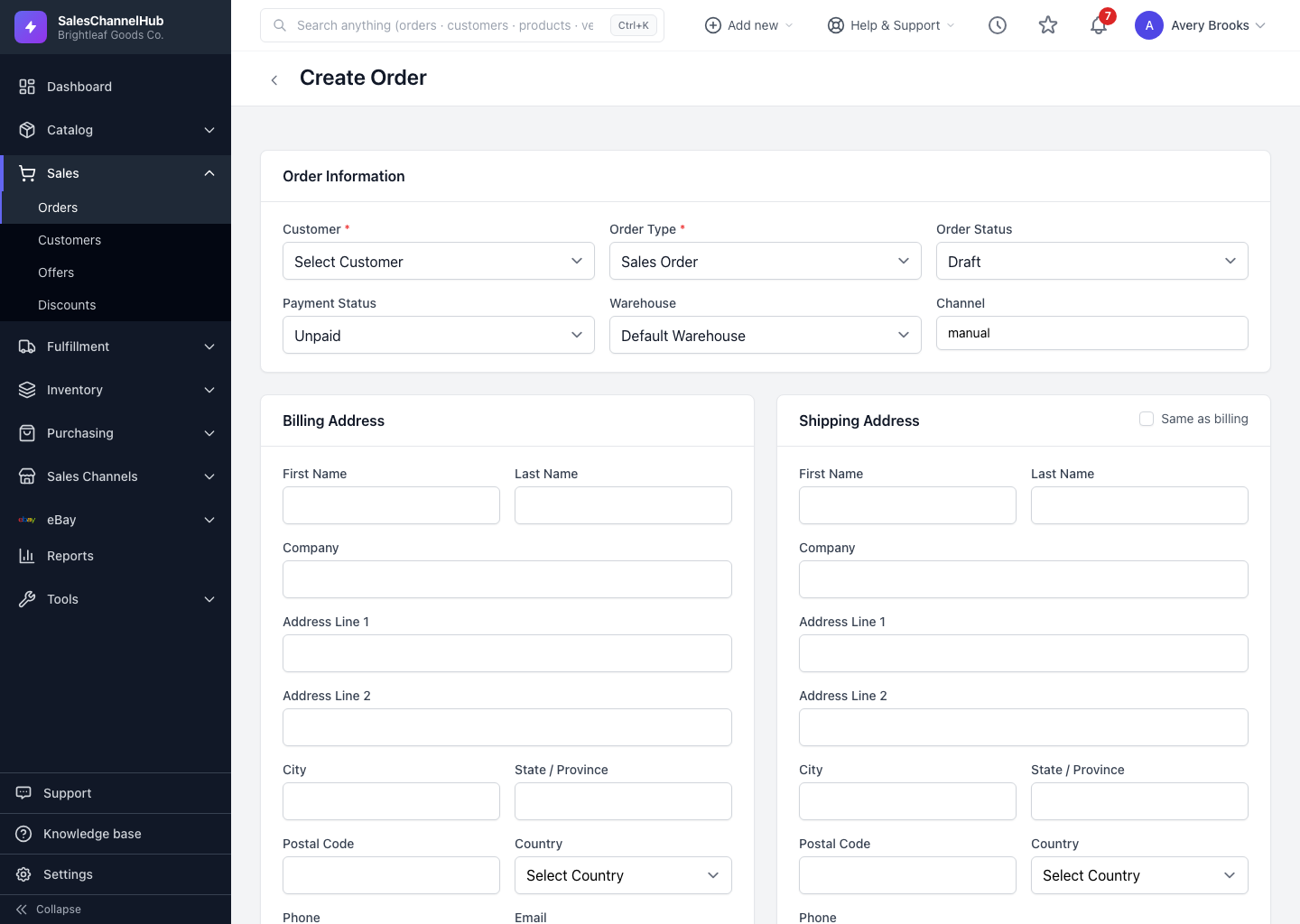 The create order form