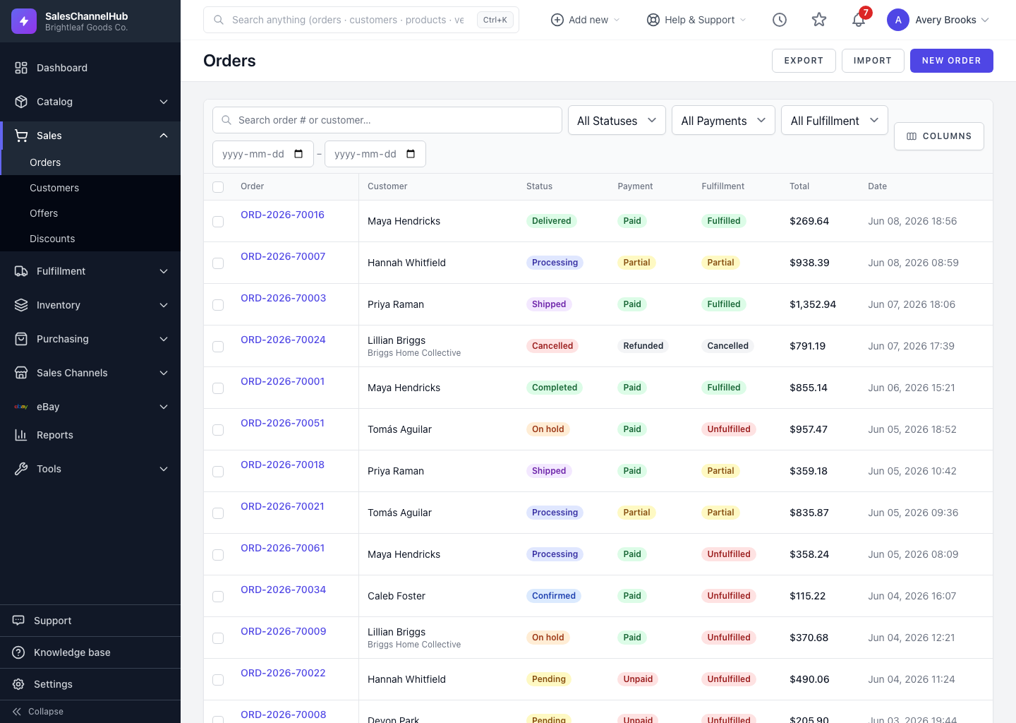 The Export button on the orders list