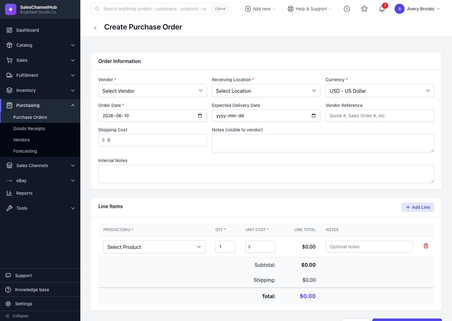 The Create Purchase Order form with Order Information and Line Items
