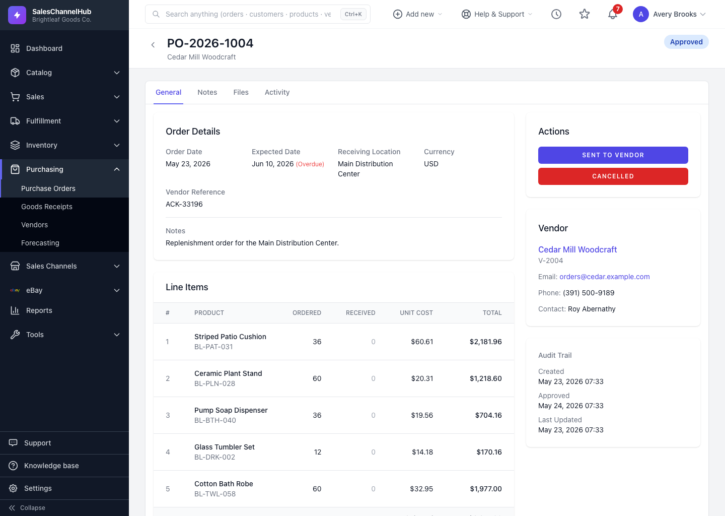 A purchase order showing the receiving progress bar and remaining quantities
