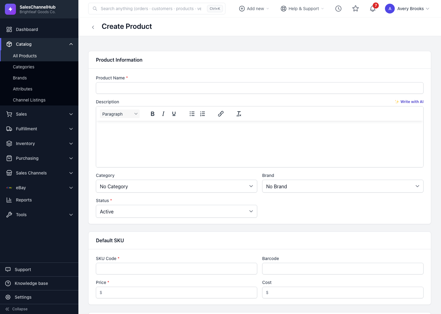 The create product form