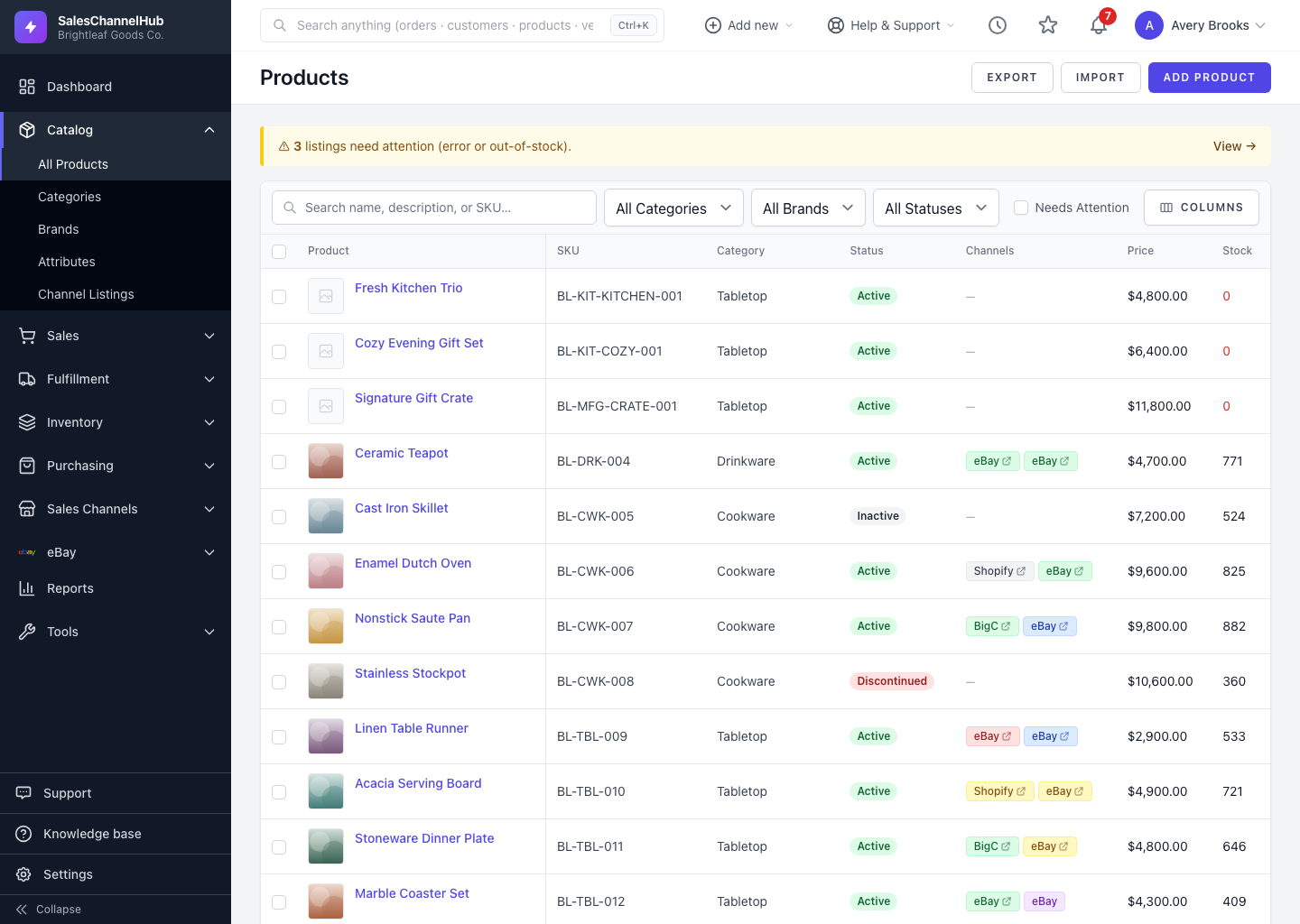 The Export button on the product list