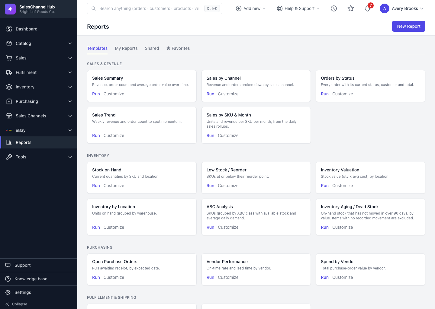 The four report tabs and saved-report list