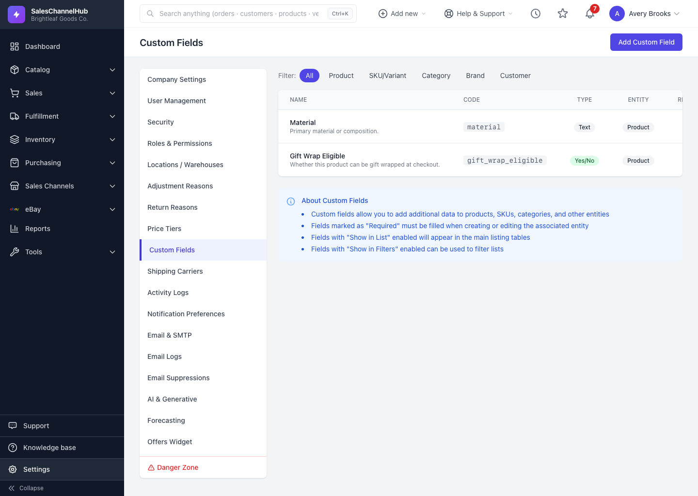 The Custom Fields list