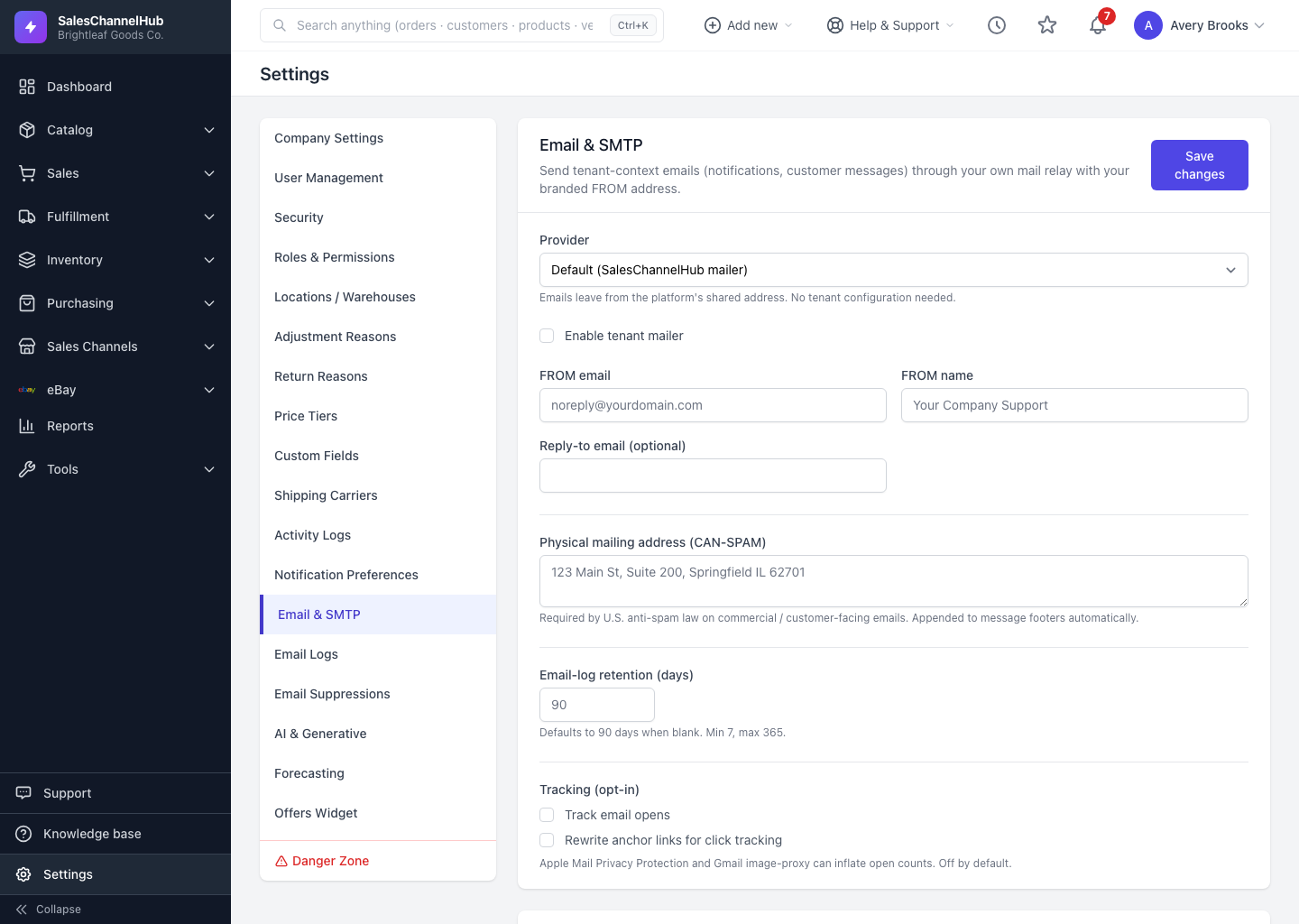 The Email & SMTP settings page
