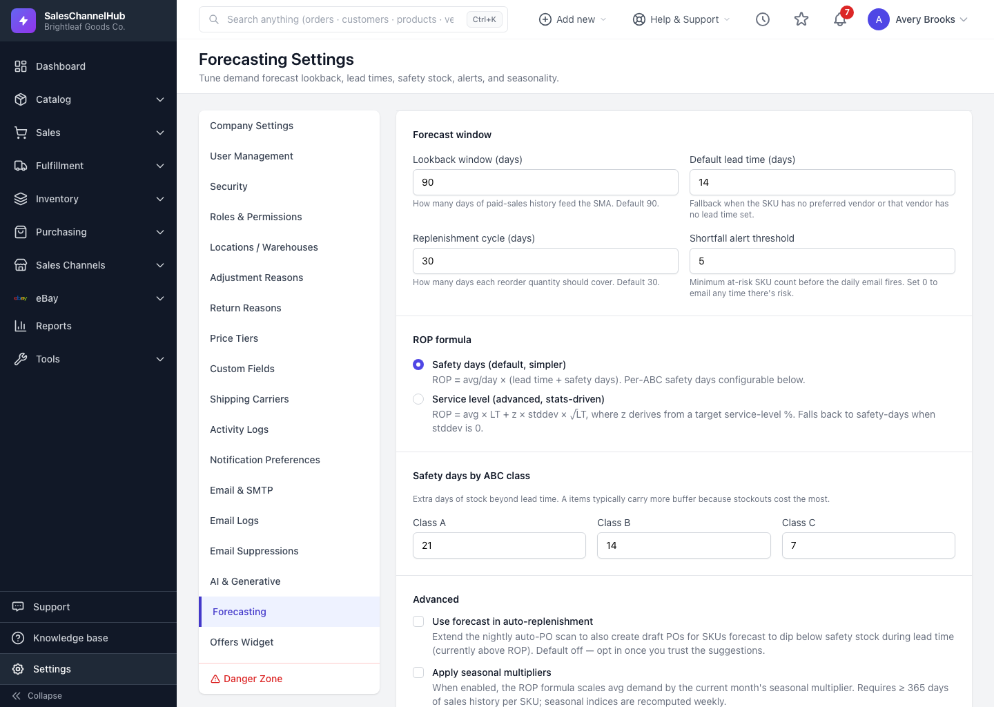 The Forecasting Settings page