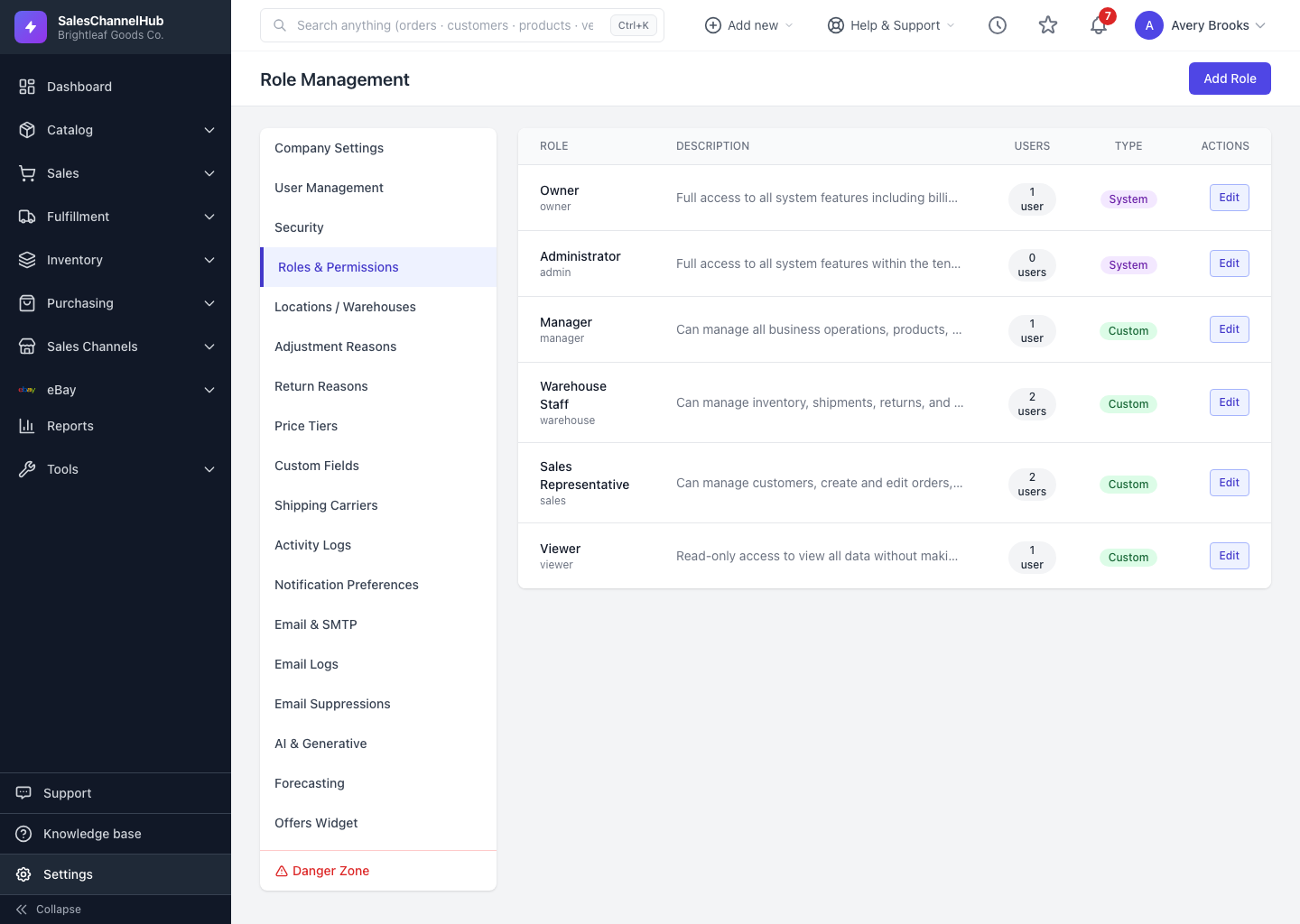 The Role Management page listing system and custom roles