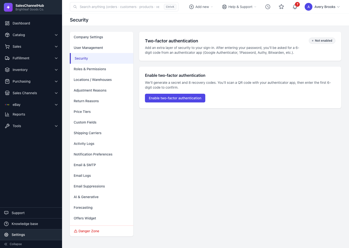 The Security page two-factor setup