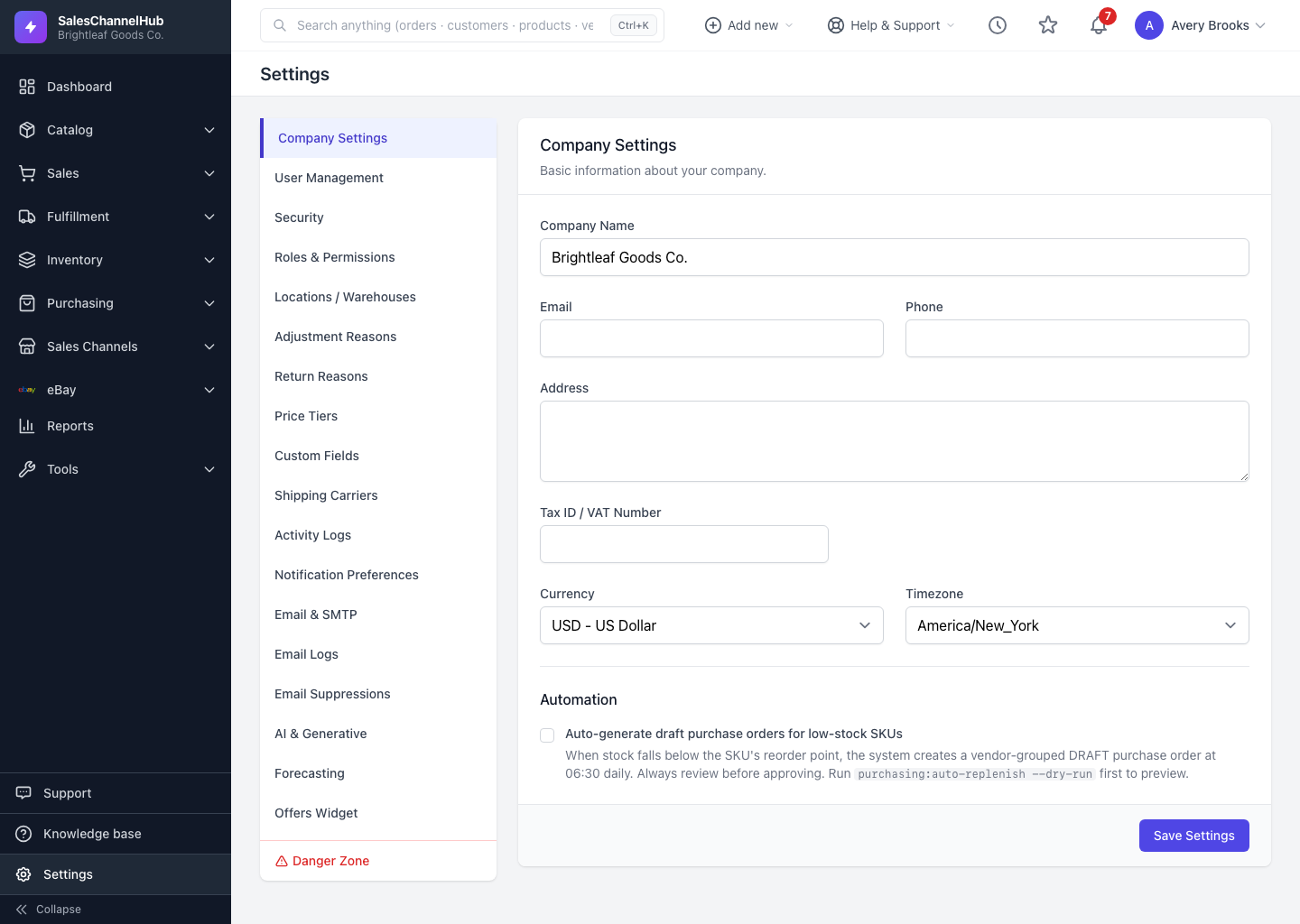 The Settings page with its left sub-menu