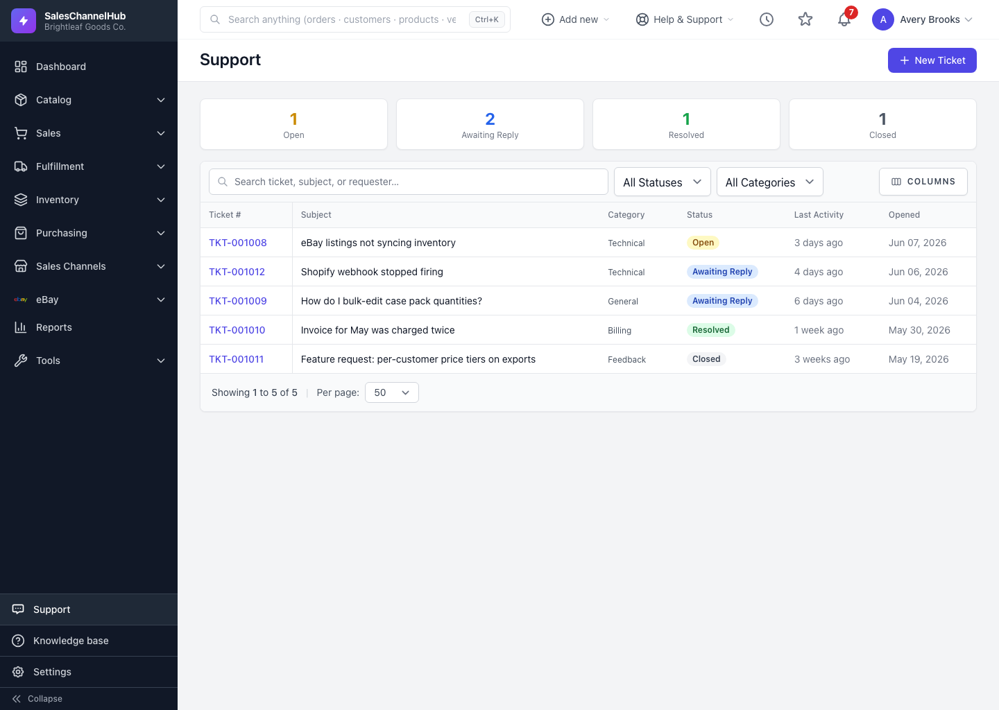 The Support screen with status tiles and your ticket list