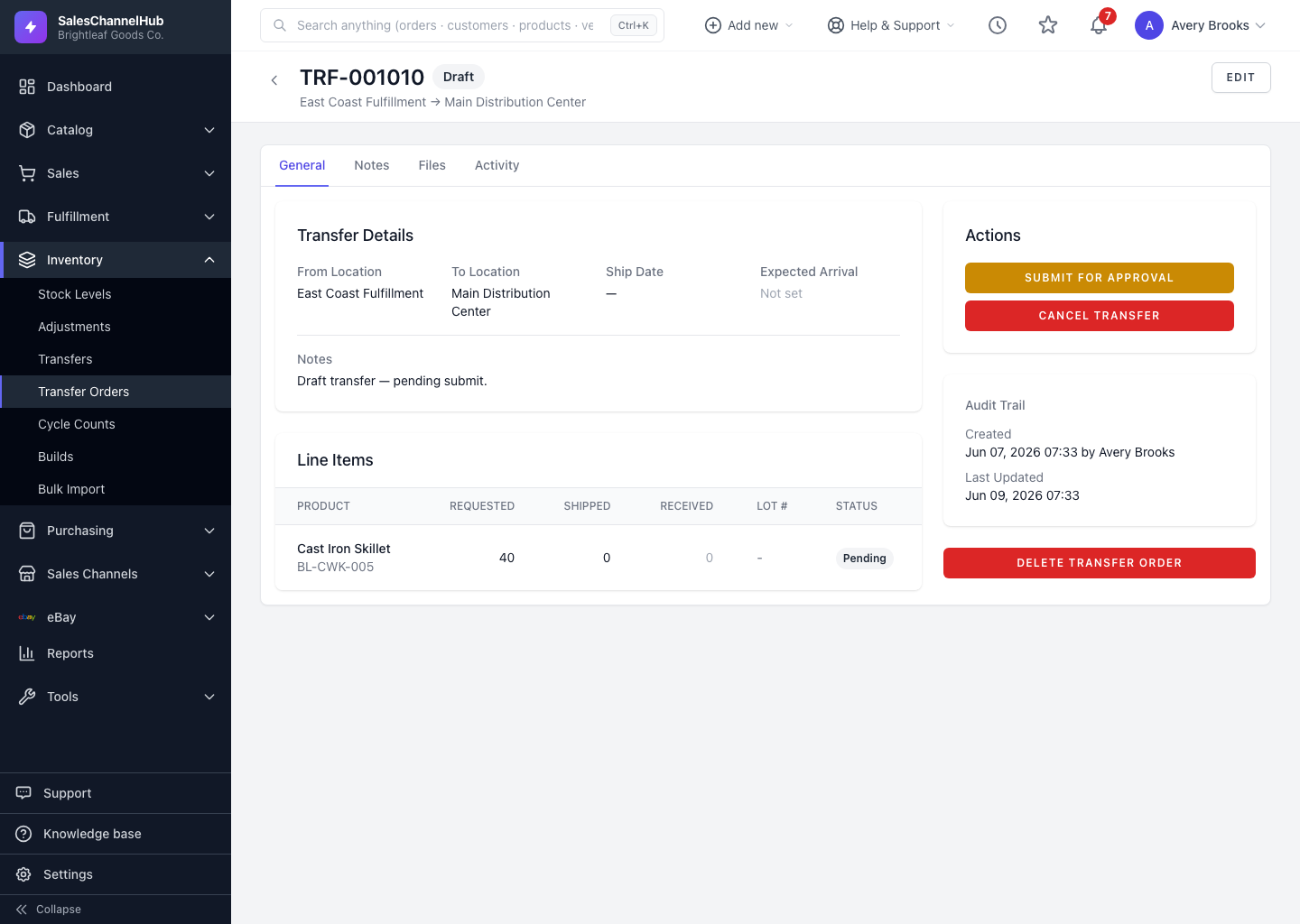 Creating a transfer order