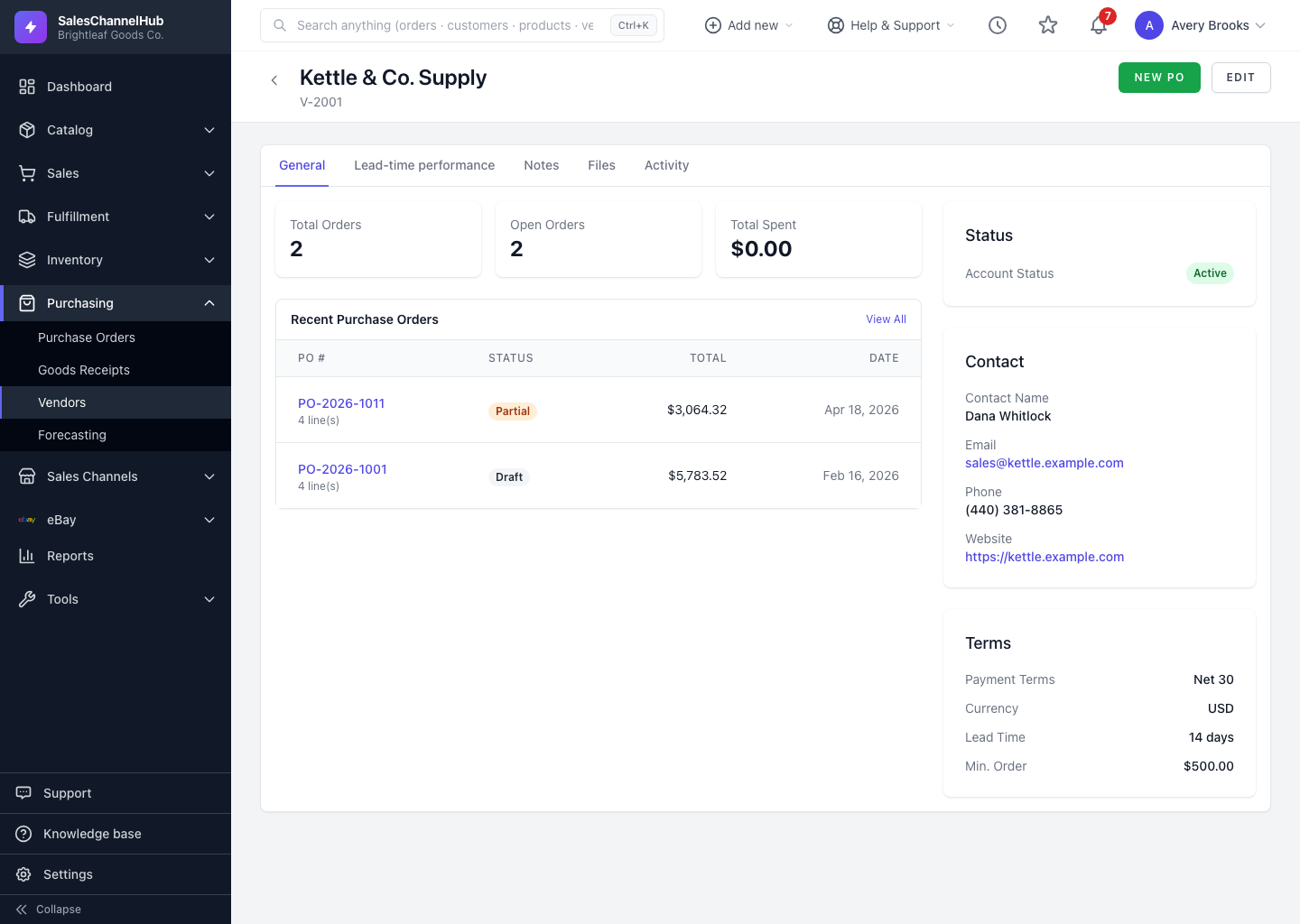 A vendor record just after it was created
