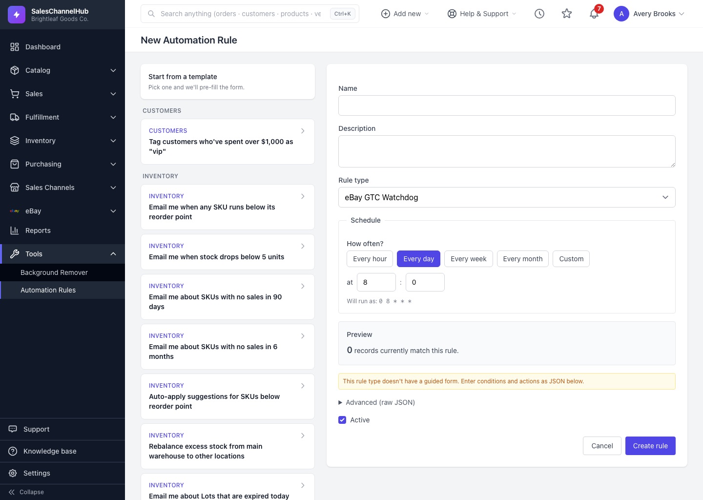 Automation rules screen in SalesChannelHub