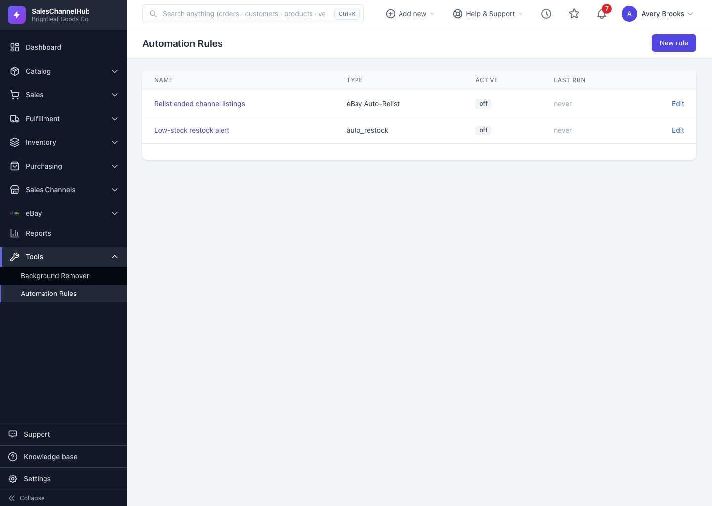 Stock alerts screen in SalesChannelHub