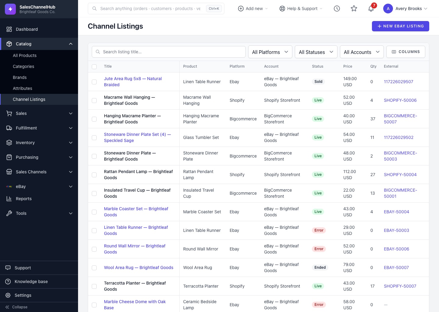 Channel listings screen in SalesChannelHub