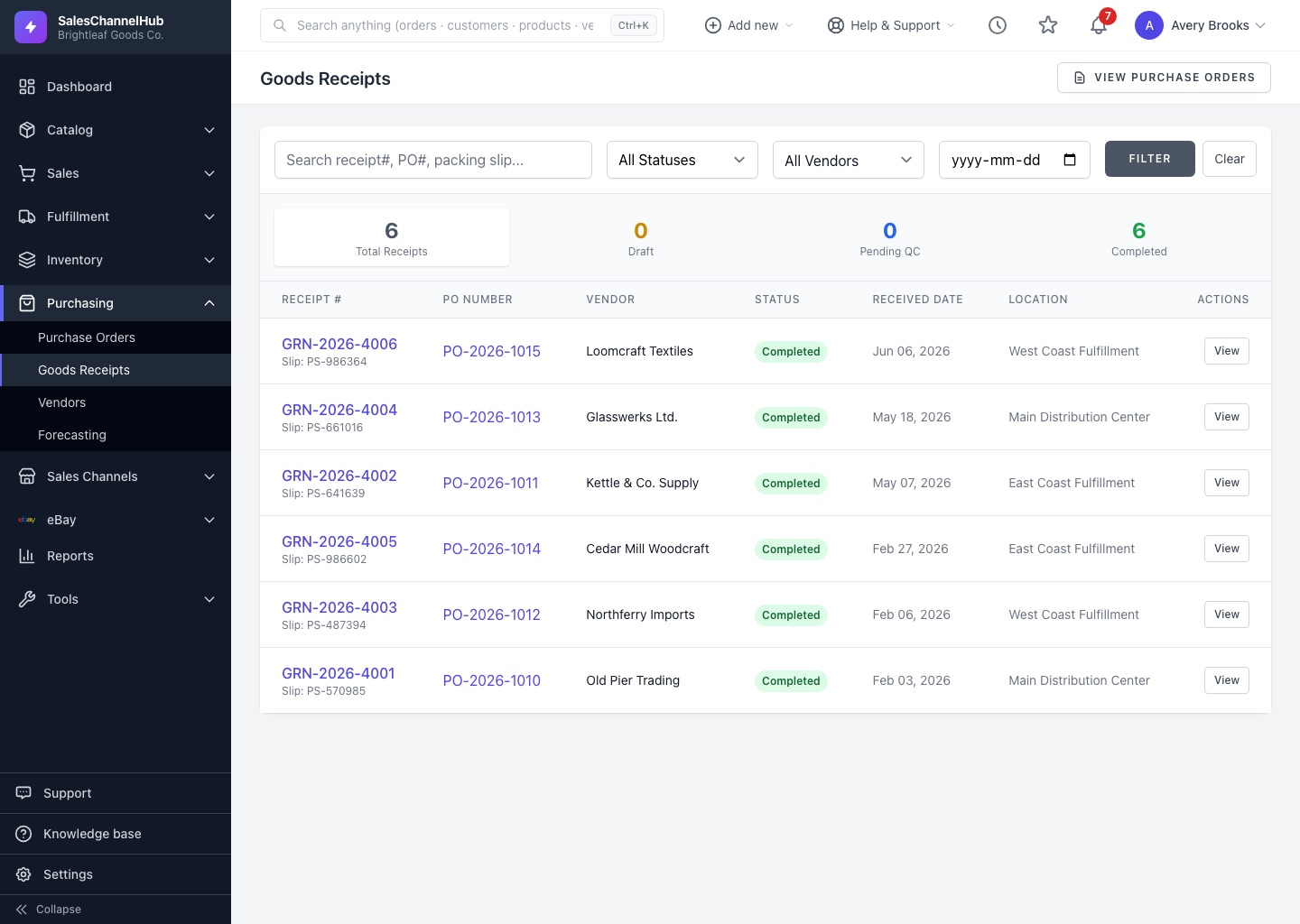 Receiving and checks screen in SalesChannelHub