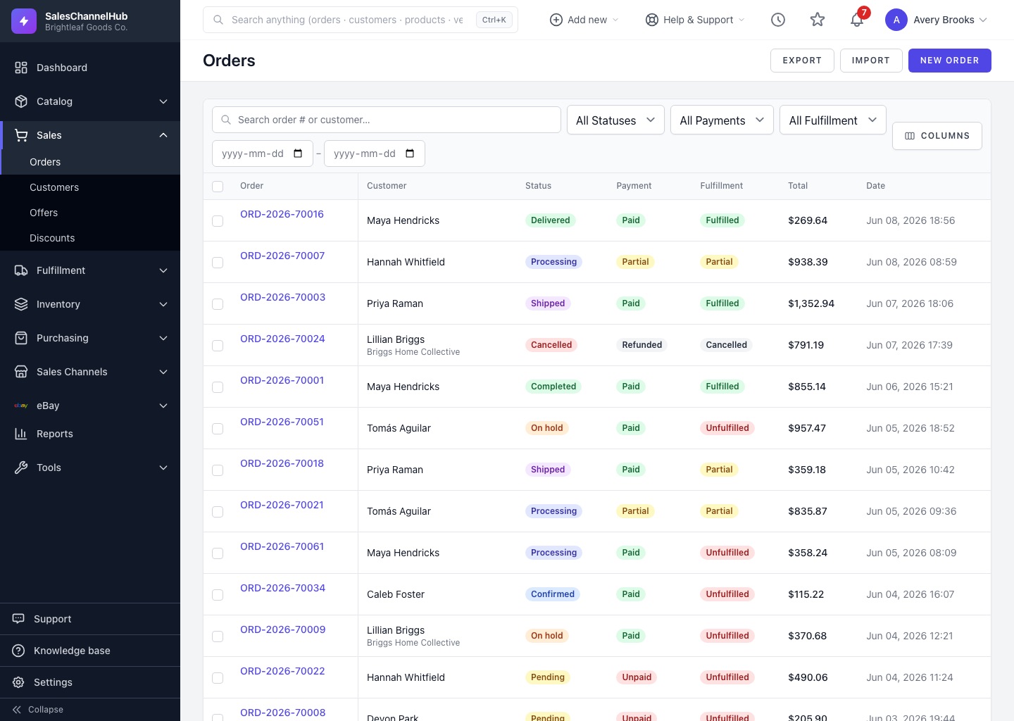 The Orders screen in SalesChannelHub