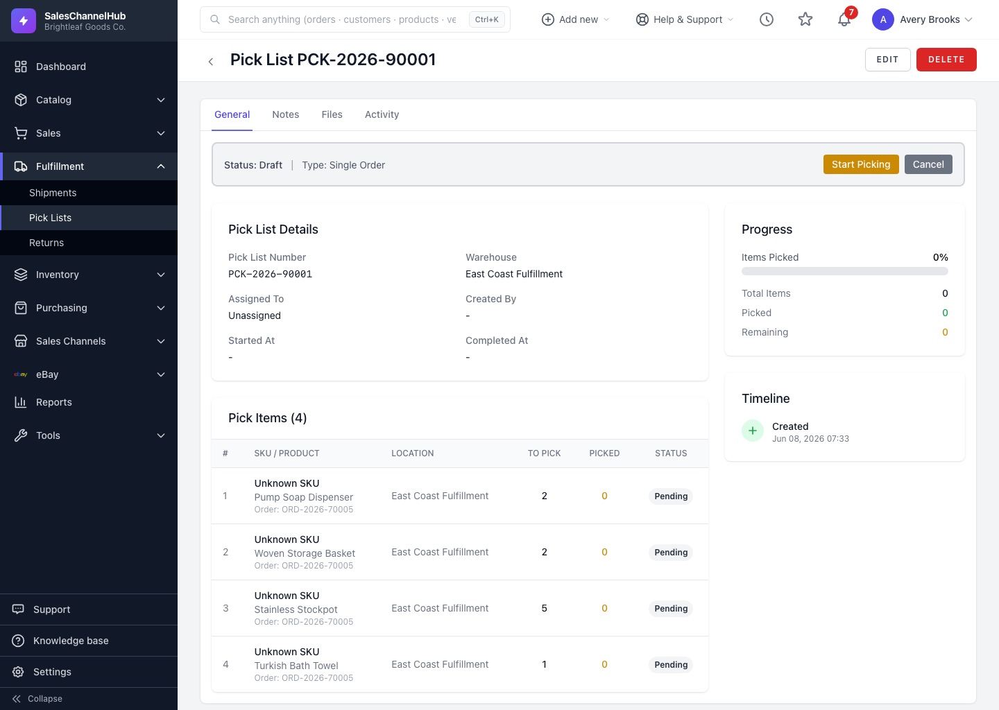 A pick list in SalesChannelHub