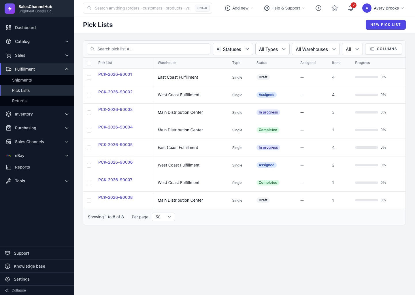 Pick lists screen in SalesChannelHub