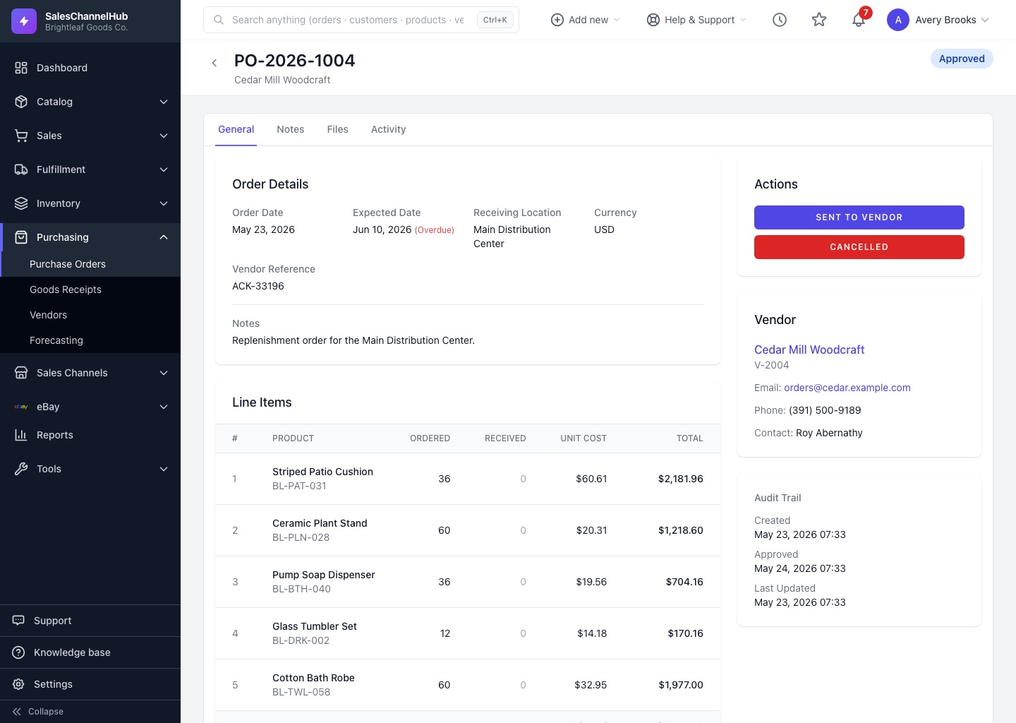 Purchase orders screen in SalesChannelHub